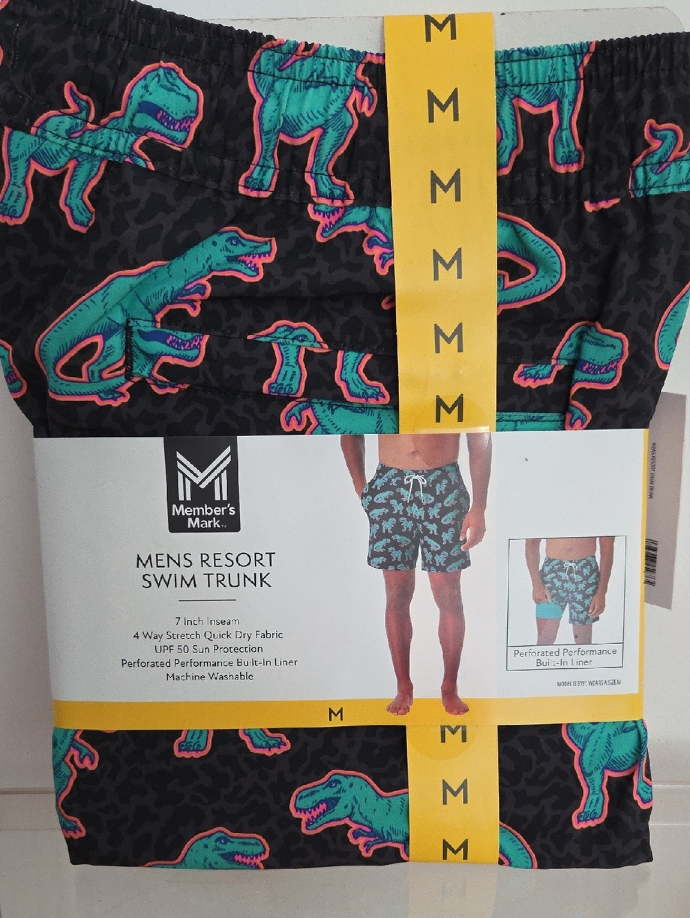 Member's Mark NWT Men’s Resort Swim Trunks - Black with Teal Dino Print (M)